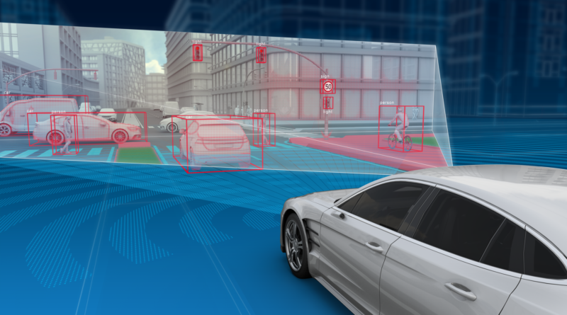 Ilustração em 3D de um carro em um fundo azul e radar do carro identifica outros veículos