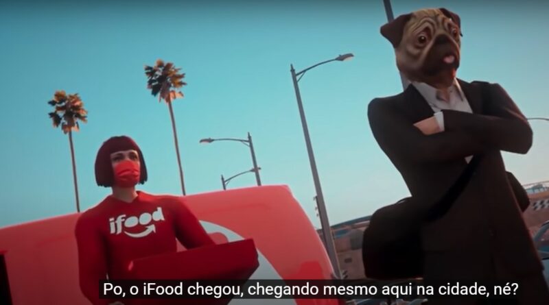 Mulher entregadora do Ifood segura caixa e homem de terno com cara de cachorro fica parado de braços cruzados